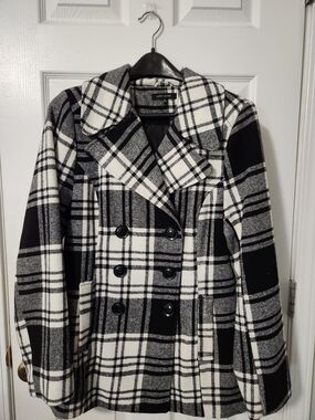 Black & White Plaid Double-Breasted Peacoat
